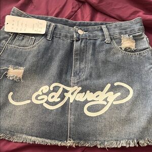 Ed Hardy Blue Denim Skirt with White Logo